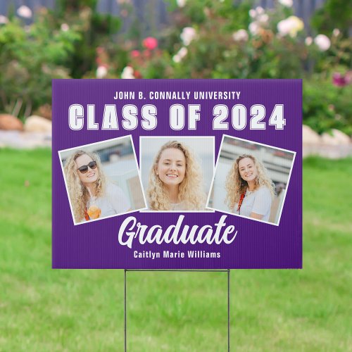 Purple White 2024 Graduation Photo Collage Yard Sign