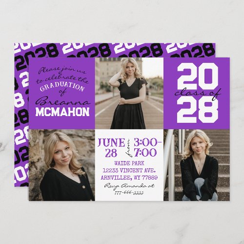 Purple  White 3 Photo Graduation Invitation