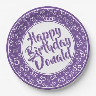 Purple/White 85th Random Number Pattern Paper Plates