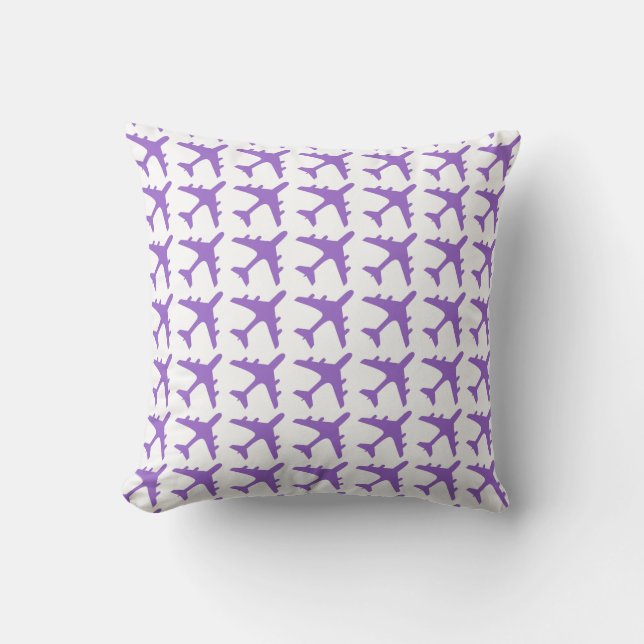 Purple white airplane pattern decorative pillow (Front)
