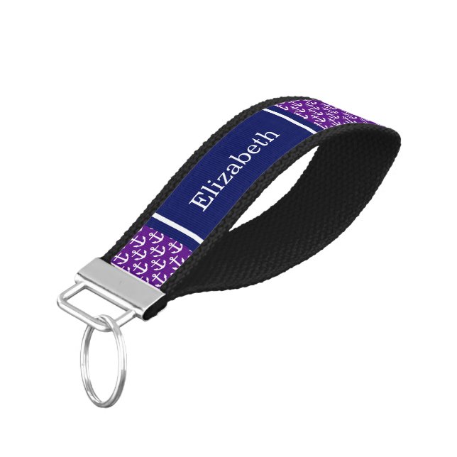 Purple, White Anchors Navy Blue Name Monogram Wrist Keychain (Angled Down)
