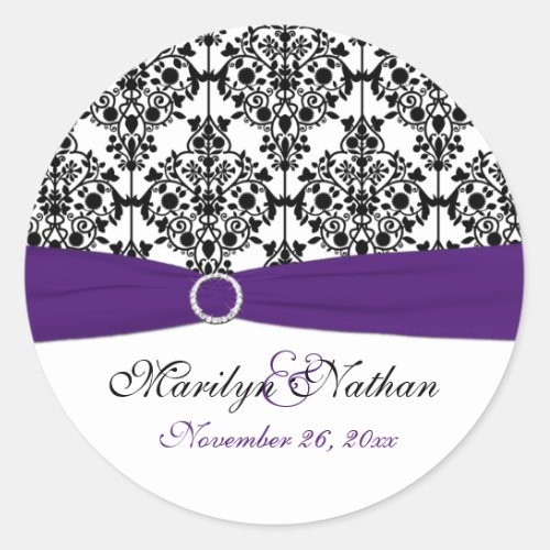 Purple White and Black Damask 15 Round Sticker