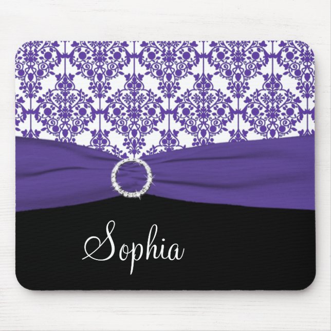 Purple, White, and Black Damask Mousepad (Front)