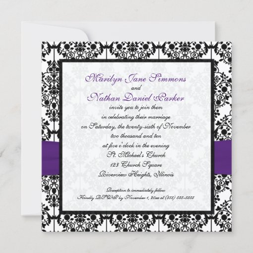 Purple, White and Black Damask Wedding Invitation | Zazzle