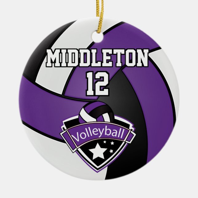 Purple, White and Black Volleyball Ceramic Ornament (Front)