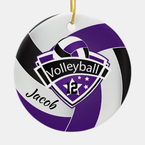 Purple White and Black Volleyball Ceramic Ornament