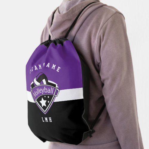 Purple White and Black Volleyball Drawstring Bag