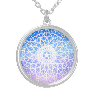Purple,White And Blue Space Floral Mandala Silver Plated Necklace