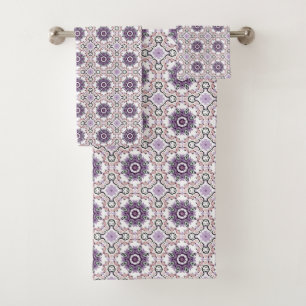 Purple, white and gray geometric mandala pattern bath towel set