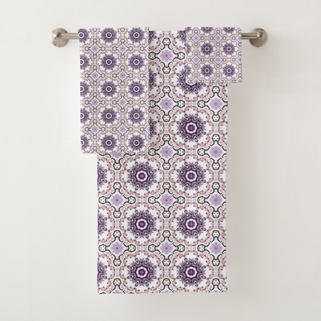 Purple, white and gray geometric mandala pattern  bath towel set (Insitu)