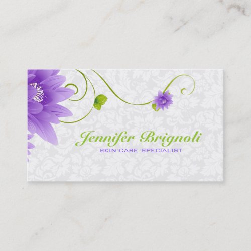 Purple White And Green Floral Design Business Card Template