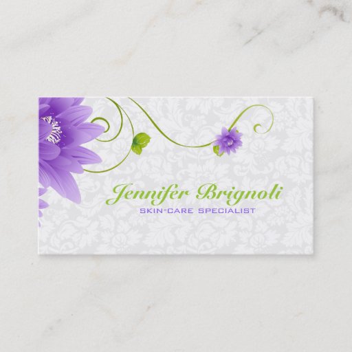 Customizable Purple White And Green Floral Design Business Card Template