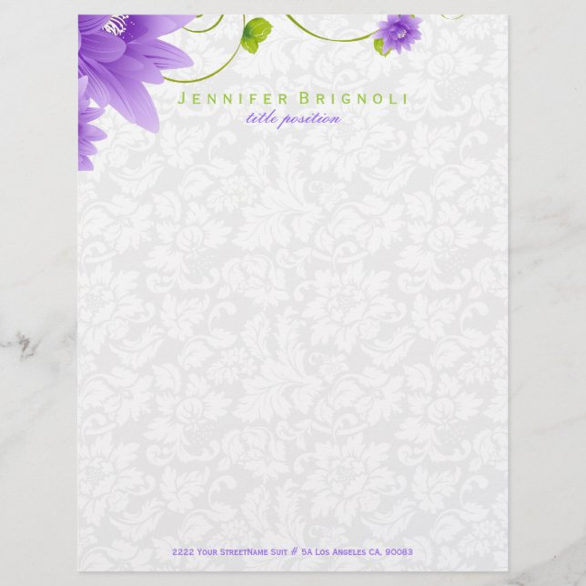 Purple White And Green Floral Design Letterhead (Front)