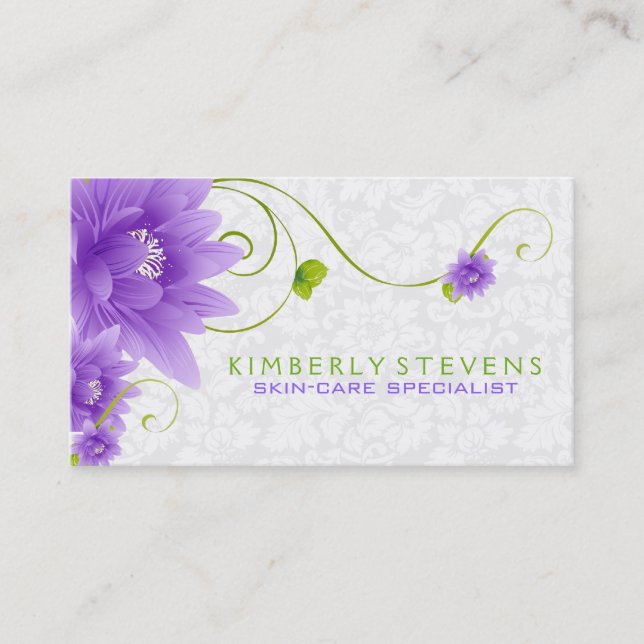 Purple White And Green Floral Illustration Business Card (Front)