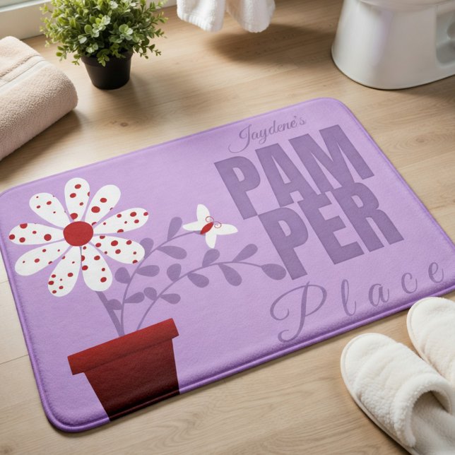 Purple White And Red Polka Dot Flower Bath Mat (Lavender bathmat with white polka dot flower & vines. Add your name for a cozy spa vibe. )