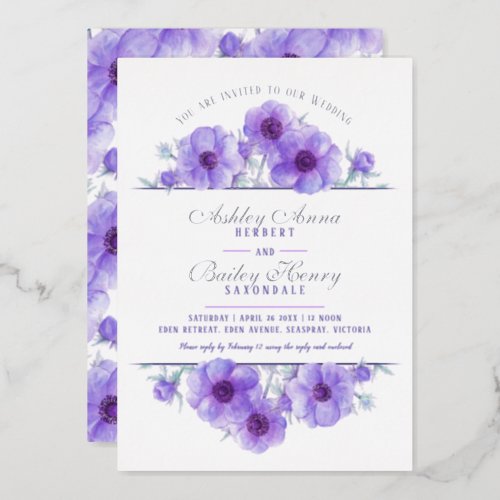 Purple white anemone floral watercolor wedding foil invitation