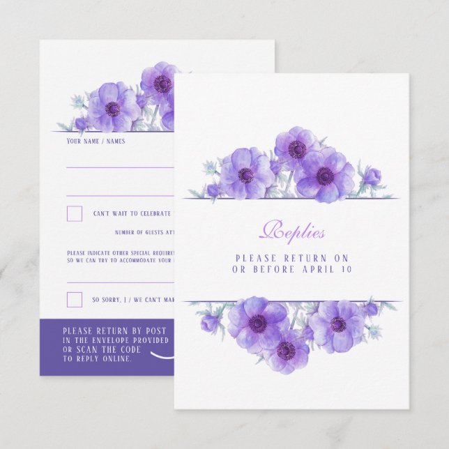 Purple white anemone floral wedding QR reply RSVP  Card (Front/Back)