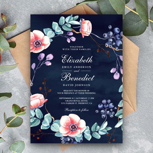 Purple White Anemones Eucalyptus Navy Blue Wedding Invitation