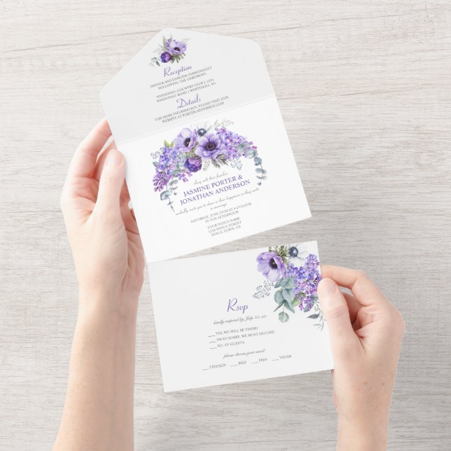 Purple & White Anemones, Purple Lilacs Floral | All In One Invitation (Tearaway)