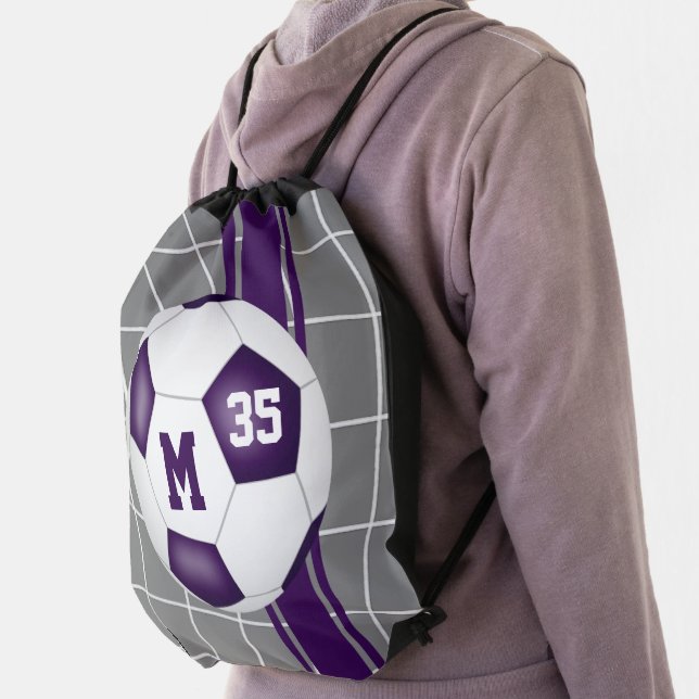 purple white athletic team colors soccer drawstring bag (Insitu)