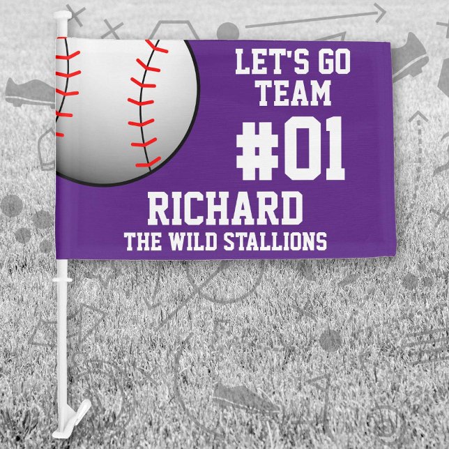 Purple White Baseball Team Spirit Car Flag (Purple and White Baseball Let's Go Team Car Flag. Celebrate your high school or college athlete.)