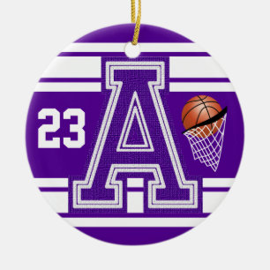 Purple & White Basketball All Varsity Letters Ceramic Ornament