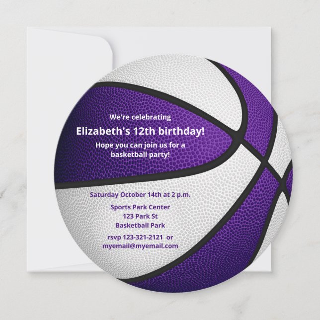 purple white basketball birthday party announcement (Front)