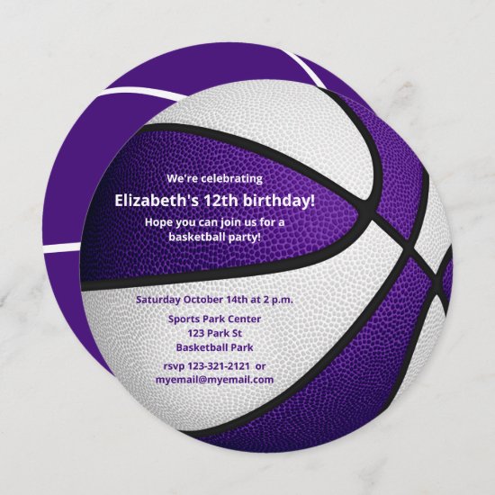 purple white basketball birthday party announcement