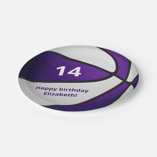 purple white basketball birthday party paper plate