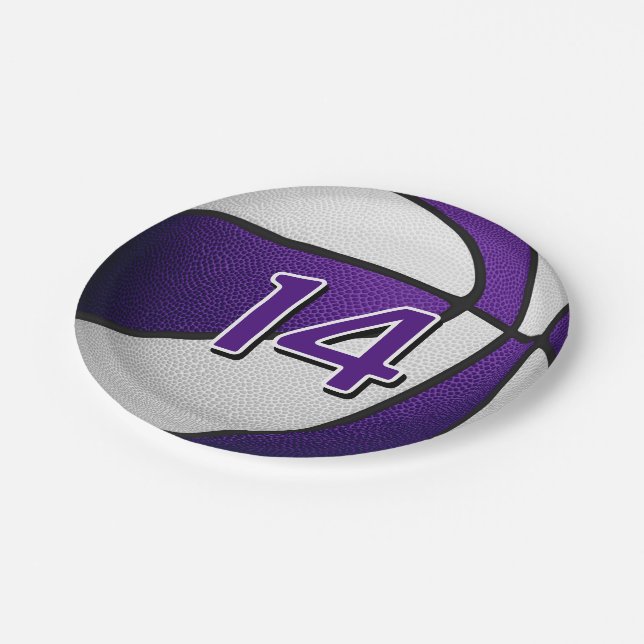 purple white basketball birthday party paper plates (Angled)