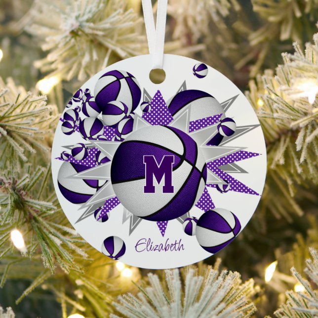 purple white basketball blowout girls sports metal ornament (Insitu)