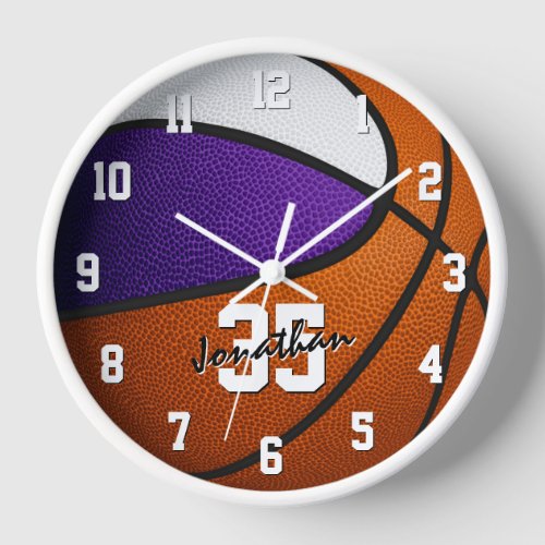 purple white basketball boys sports room decor clock