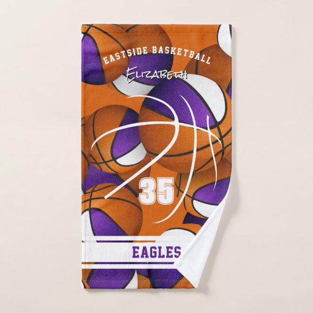 purple white basketball team colors athlete name hand towel  (Hand Towel)