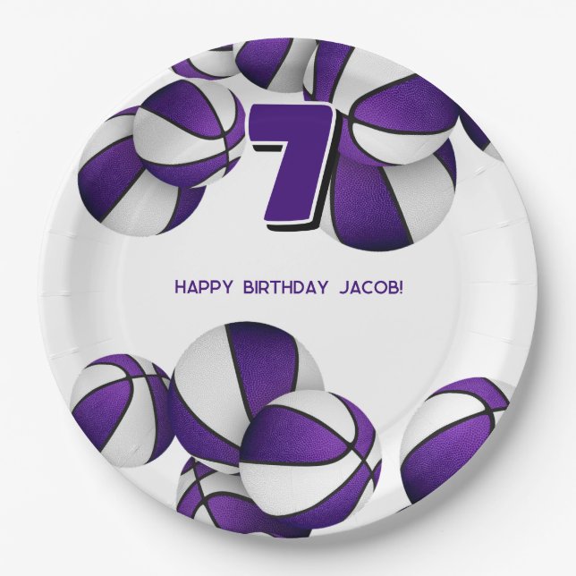 purple white basketballs boys girls sports party paper plates (Front)