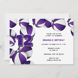 purple white basketballs girls boys birthday party invitation