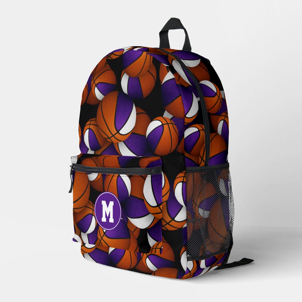 purple white basketballs pattern monogrammed backpack