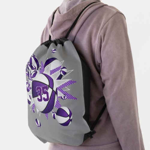 purple white basketballs stars girls jersey number drawstring bag