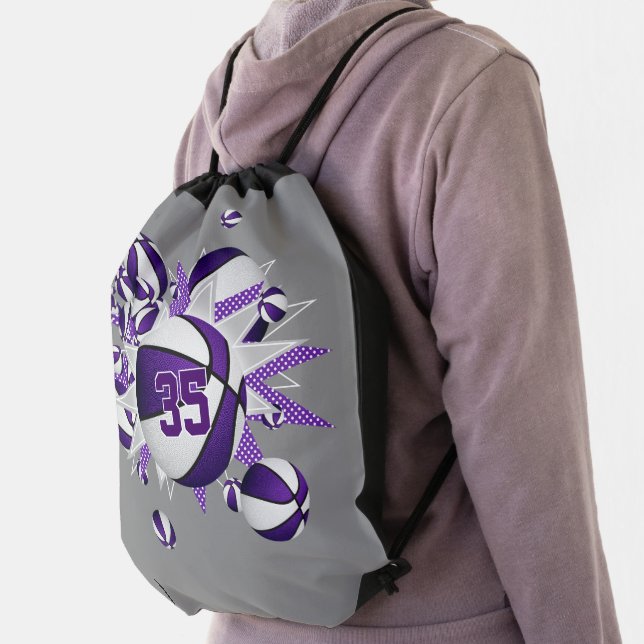 purple white basketballs stars girls jersey number drawstring bag (Insitu)