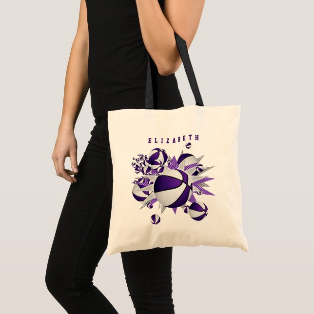 purple white basketballs stars girls name tote bag (Front (Product))