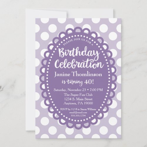 Purple White Birthday Invitation Adult Polka Dots