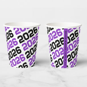 Purple, White & Black Class Year Graduation Paper Cups