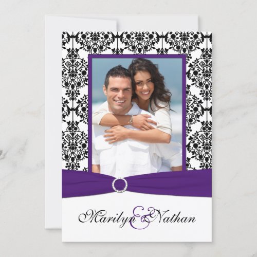 Purple White Black Damask Photo Wedding Invite