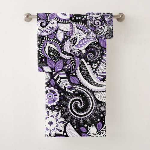 Purple White Black Paisley Print Pattern Bath Towel Set