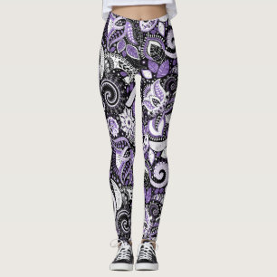 Purple White Black Paisley Print Pattern Leggings
