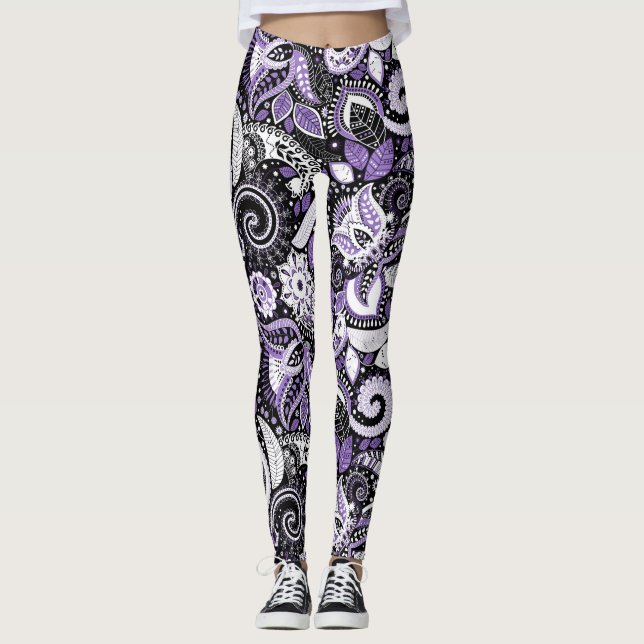 Purple White Black Paisley Print Pattern Leggings (Front)