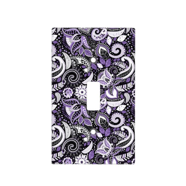Purple White Black Paisley Print Pattern Light Switch Cover (Front)