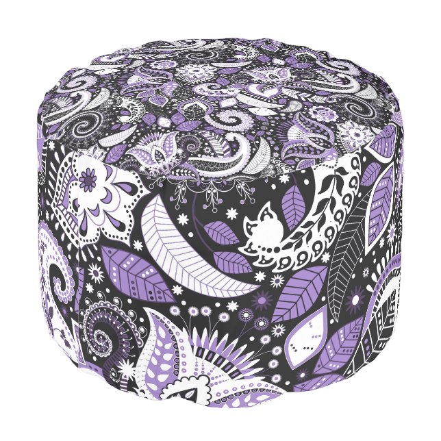 Purple White Black Paisley Print Pattern Pouf (Angled Back)