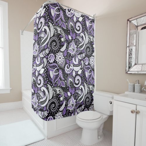 Purple White Black Paisley Print Pattern Shower Curtain