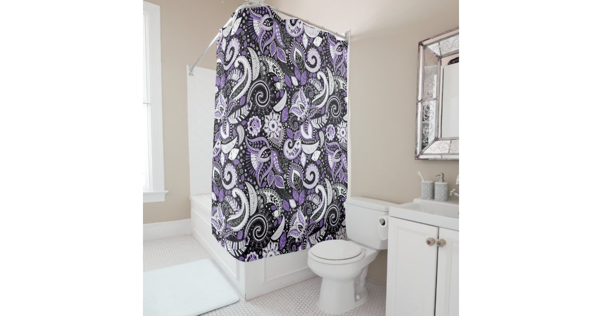 Purple White Black Paisley Print, Purple Paisley Shower Curtain