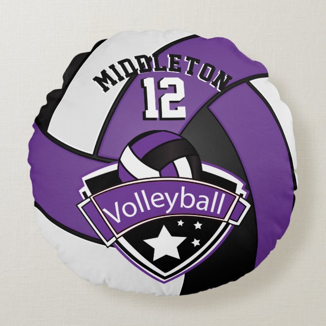 Purple, White & Black Personalize Volleyball Round Pillow (Front)